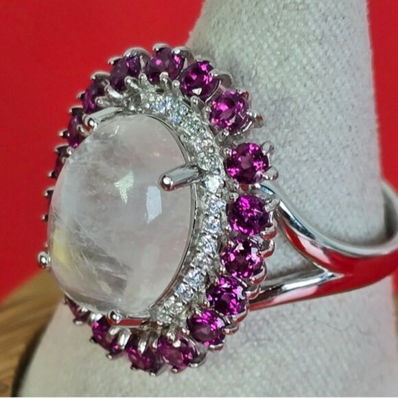 925 Sterling Silver Ring with Natural Moonstone & Rhodolite Garnet Gems - Picture 4 of 12